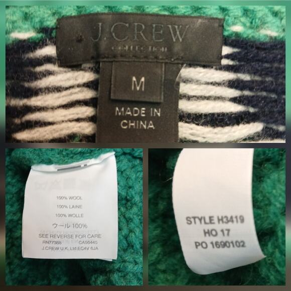 JCrew Collection SZ M 100% Chunky Wool Fair Isle Sweater In Green-White-Navy - Picture 8 of 8